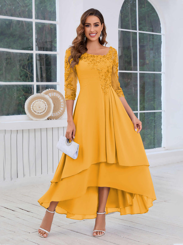 Mustard Stunning A-Line Half Sleeves Appliques High-Low Mother Of The Bride Dresses