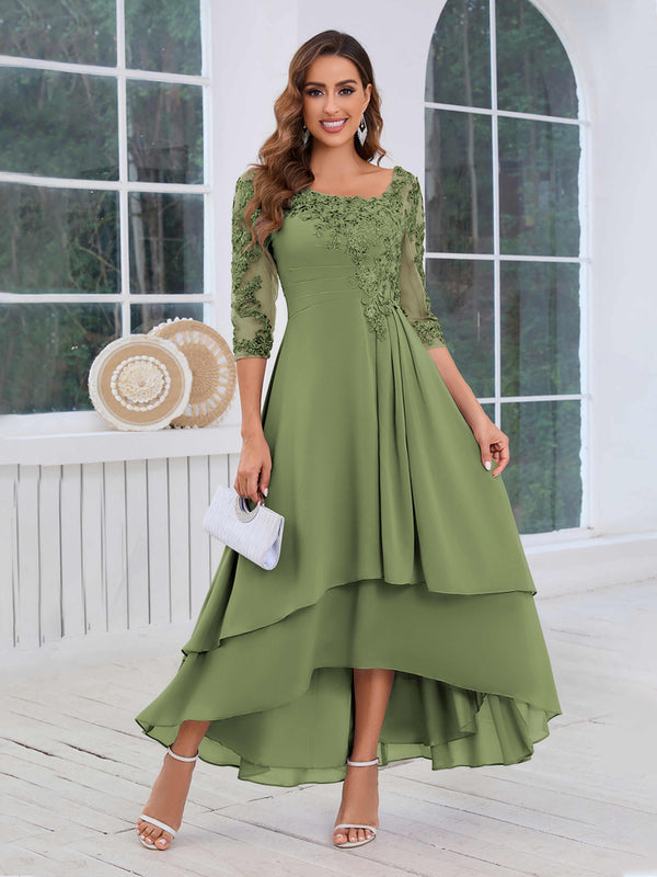 Olive Green Stunning A-Line Half Sleeves Appliques High-Low Mother Of The Bride Dresses