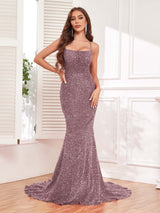 Stunning Mermaid Spaghetti Straps Brush Train Sequin Formal Dresses