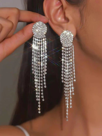 Stunning Rhinestone Tassel Earrings Long Dangle Statement Earrings for Wedding & Party