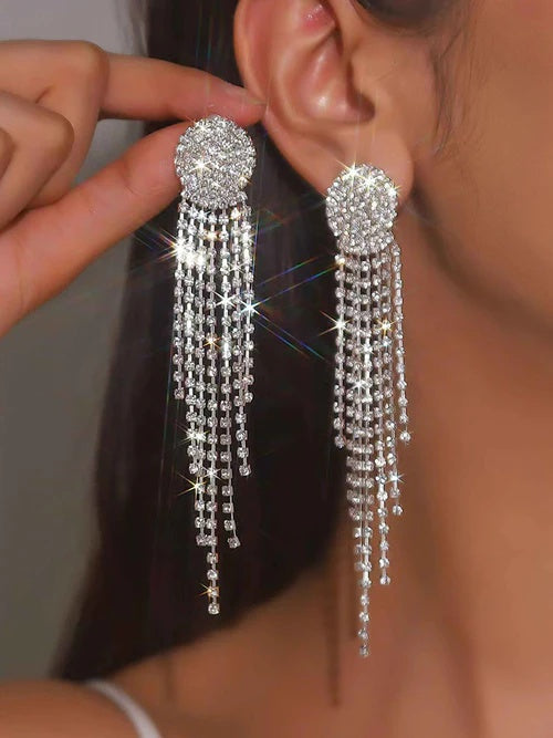 Stunning Rhinestone Tassel Earrings Long Dangle Statement Earrings for Wedding & Party