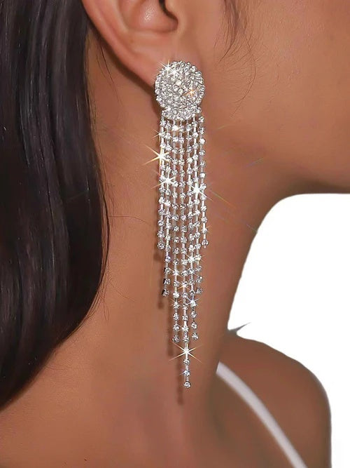Stunning Rhinestone Tassel Earrings Long Dangle Statement Earrings for Wedding & Party