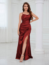 Stunning Spaghetti Straps Slit Satin Long Bridesmaid Dresses