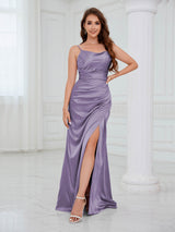 Stunning Spaghetti Straps Slit Satin Long Bridesmaid Dresses
