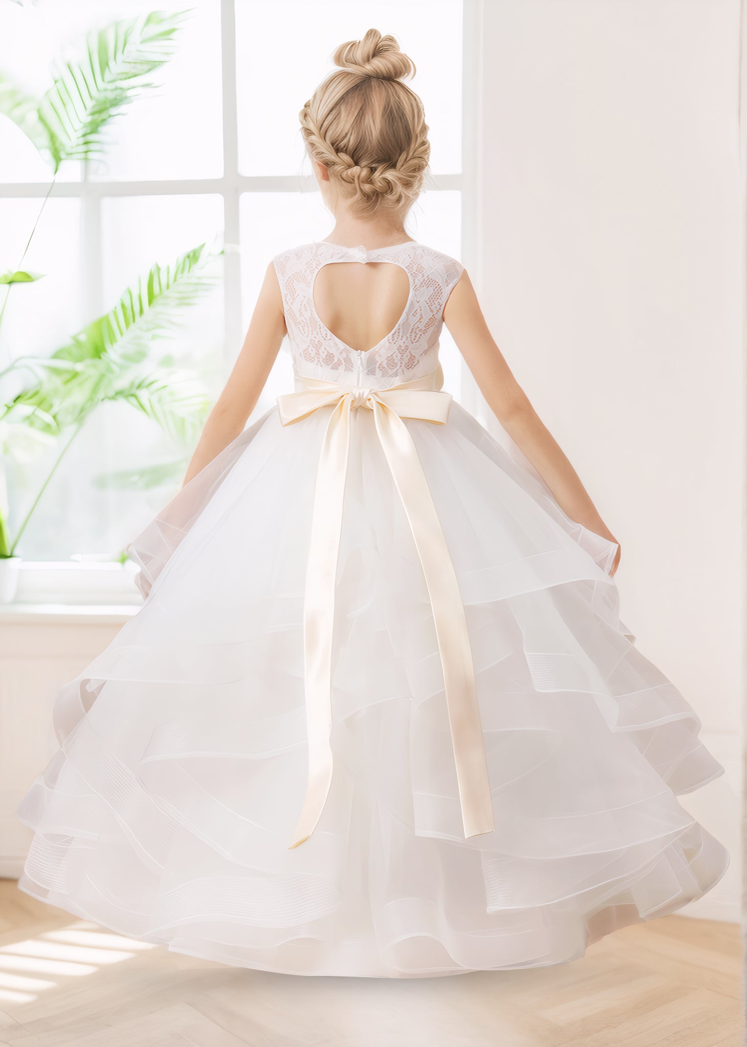 Stylish A-Line Tiered Bow Back Tulle Long Flower Girl Dresses