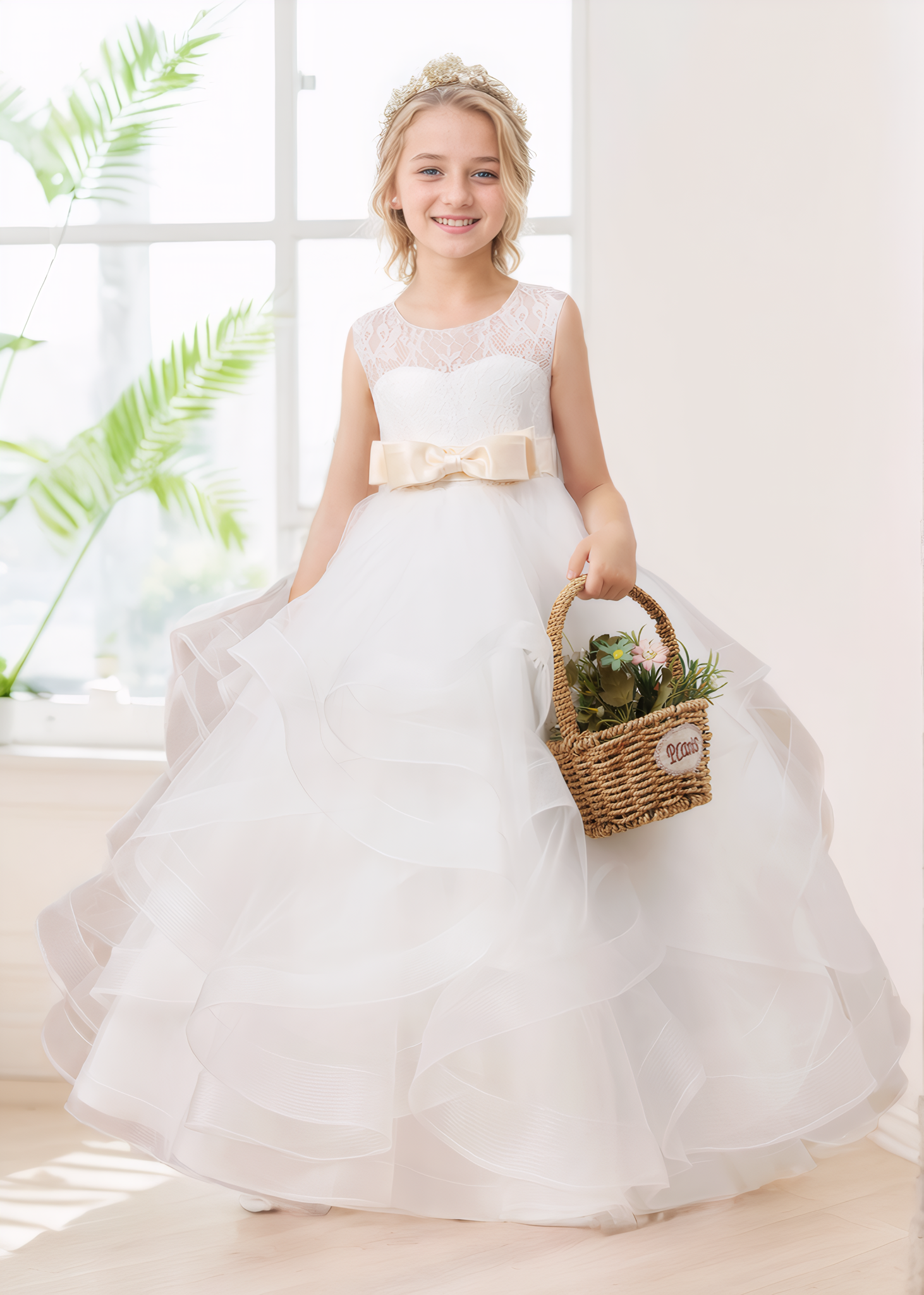 Stylish A-Line Tiered Bow Back Tulle Long Flower Girl Dresses