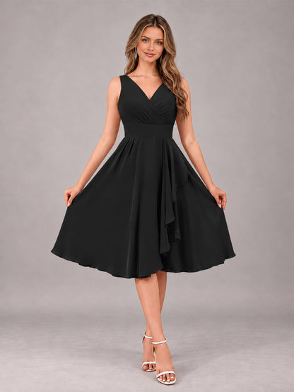 Black Stylish A-Line V-Neck Knee Length Chiffon Bridesmaid Dress