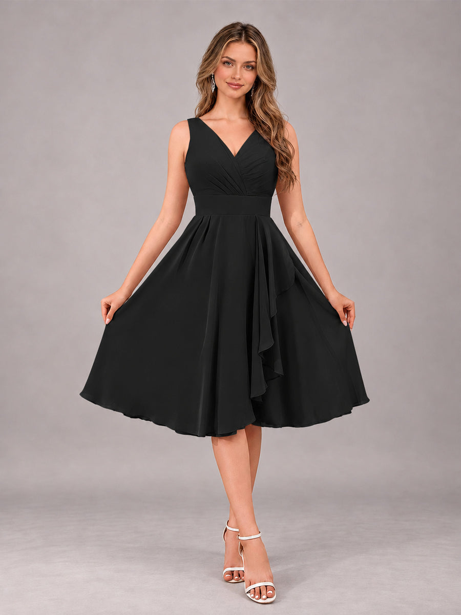 Black Stylish A-Line V-Neck Knee Length Chiffon Bridesmaid Dress