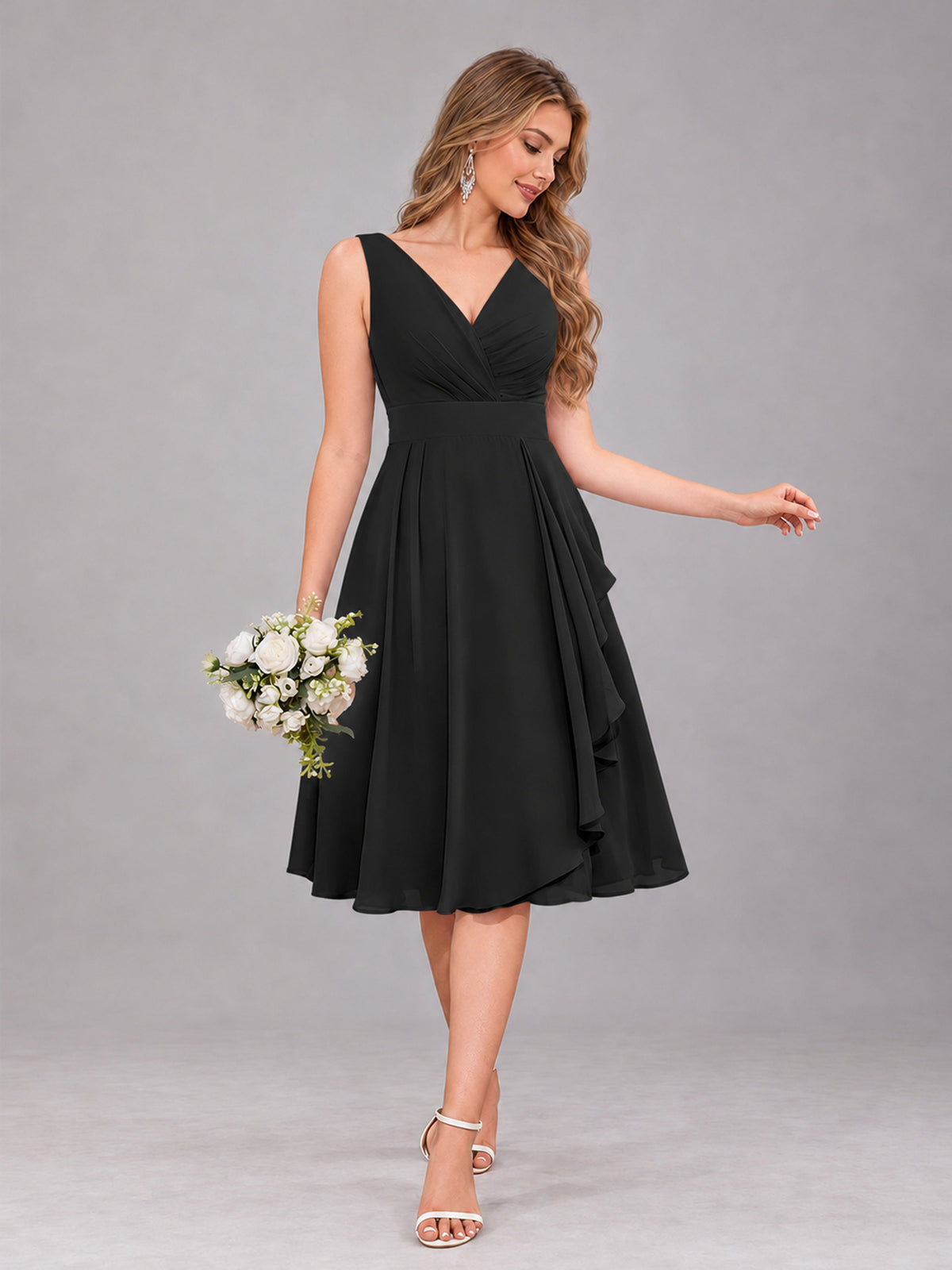 Black Stylish A-Line V-Neck Knee Length Chiffon Bridesmaid Dress