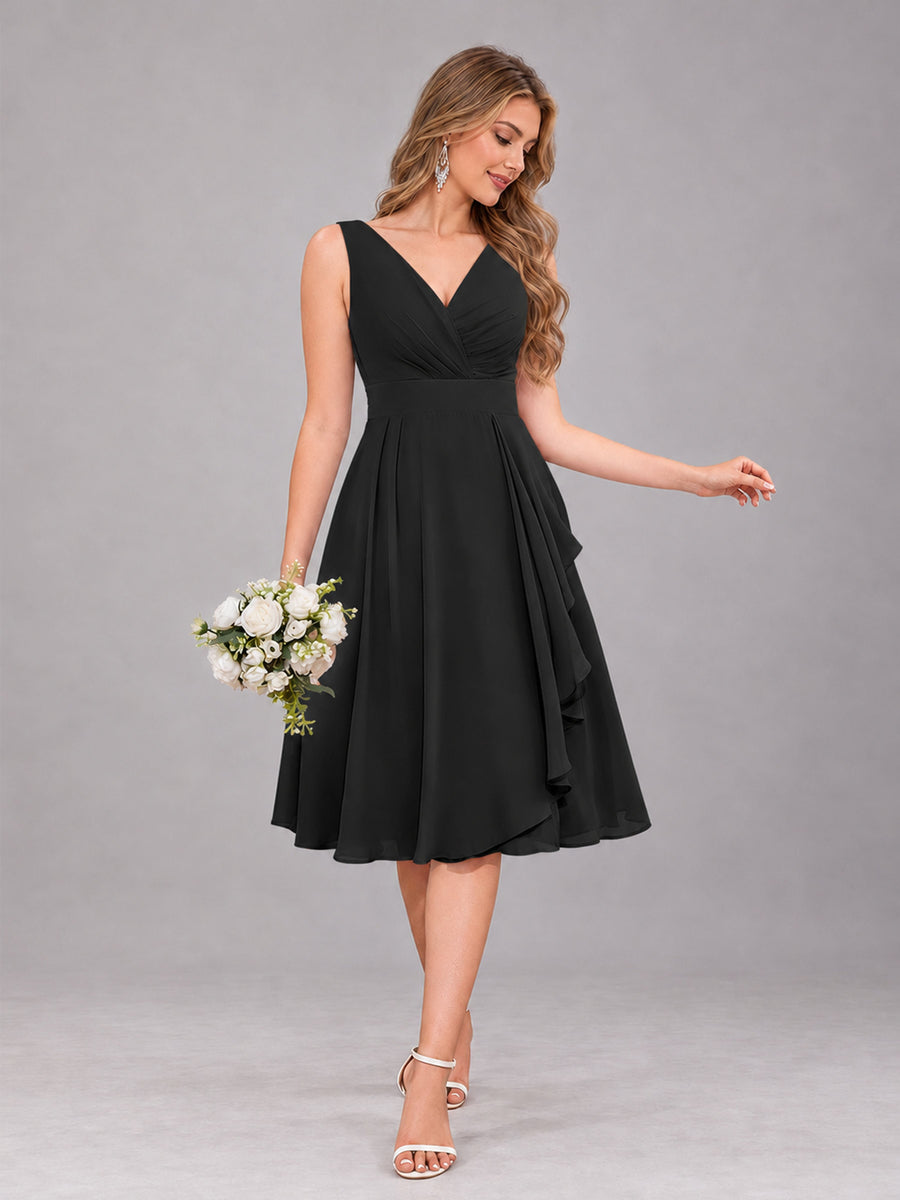 Black Stylish A-Line V-Neck Knee Length Chiffon Bridesmaid Dress