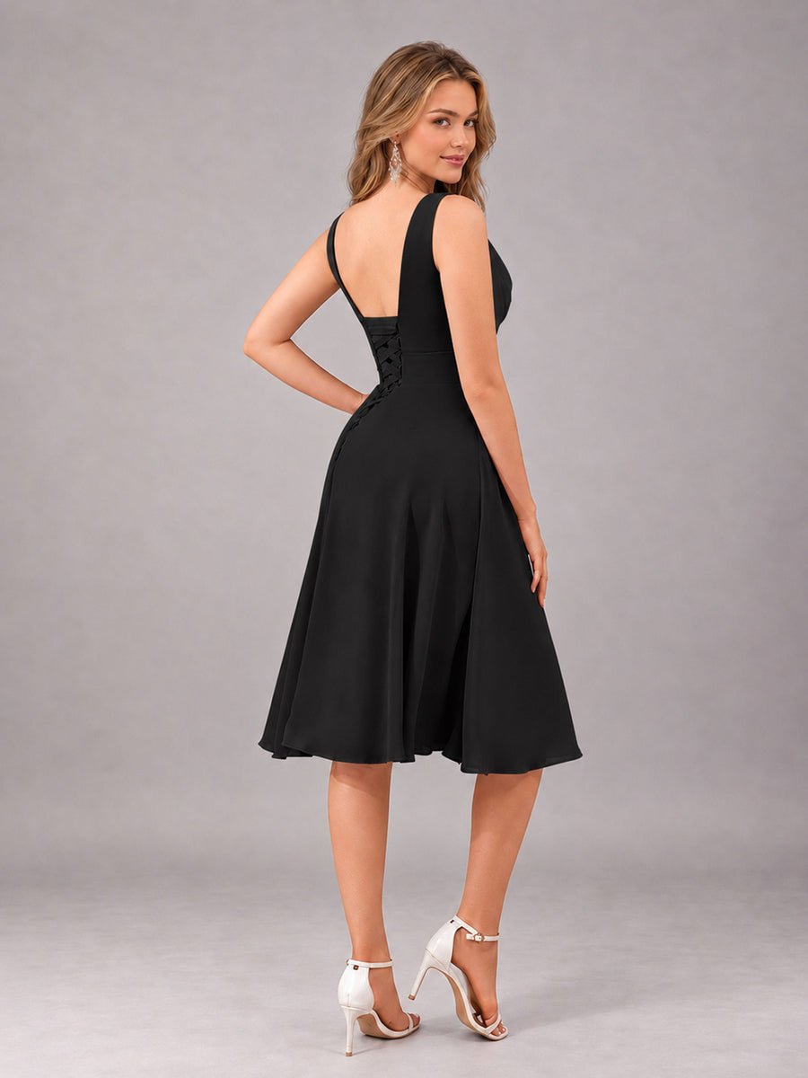 Black Stylish A-Line V-Neck Knee Length Chiffon Bridesmaid Dress