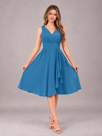 Blue Stylish A-Line V-Neck Knee Length Chiffon Bridesmaid Dress