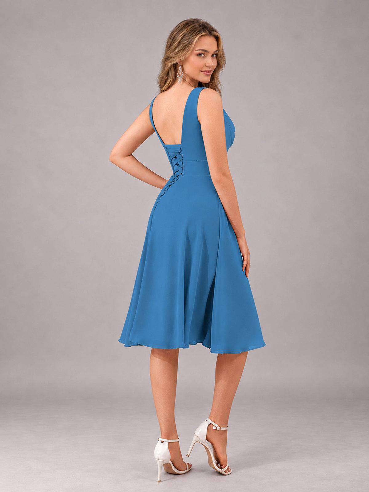 Blue Stylish A-Line V-Neck Knee Length Chiffon Bridesmaid Dress