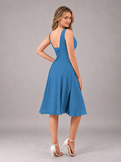 Blue Stylish A-Line V-Neck Knee Length Chiffon Bridesmaid Dress