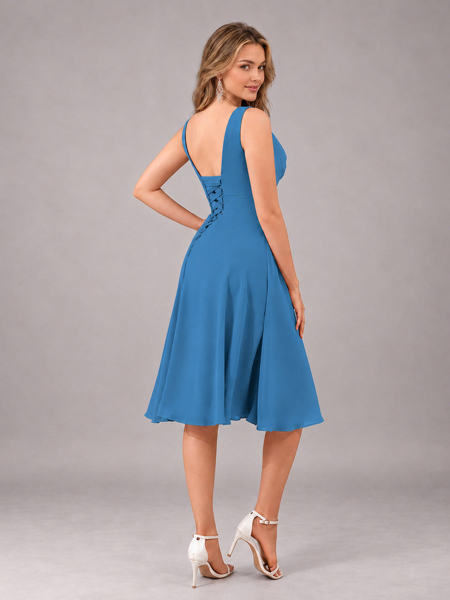 Blue Stylish A-Line V-Neck Knee Length Chiffon Bridesmaid Dress