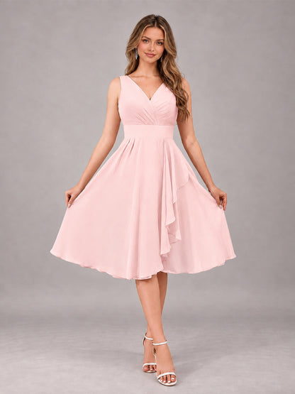 Blush Pink Stylish A-Line V-Neck Knee Length Chiffon Bridesmaid Dress
