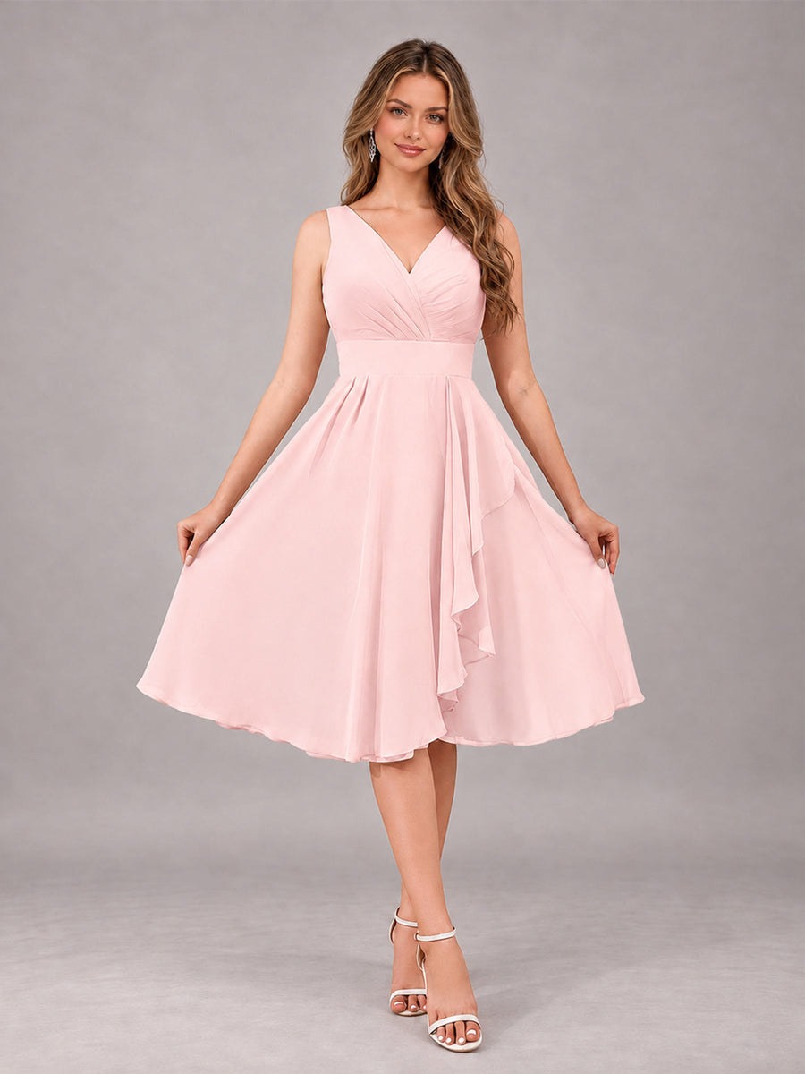 Blush Pink Stylish A-Line V-Neck Knee Length Chiffon Bridesmaid Dress