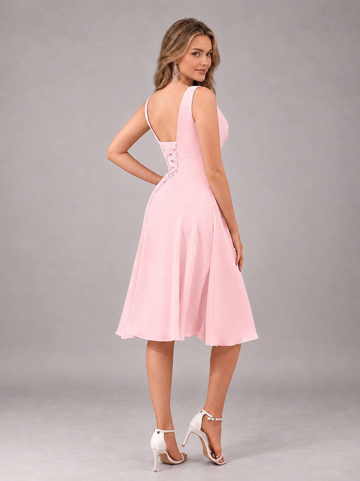 Blush Pink Stylish A-Line V-Neck Knee Length Chiffon Bridesmaid Dress