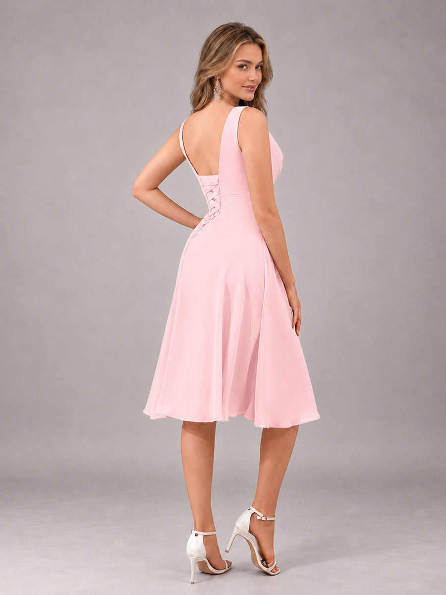 Blush Pink Stylish A-Line V-Neck Knee Length Chiffon Bridesmaid Dress