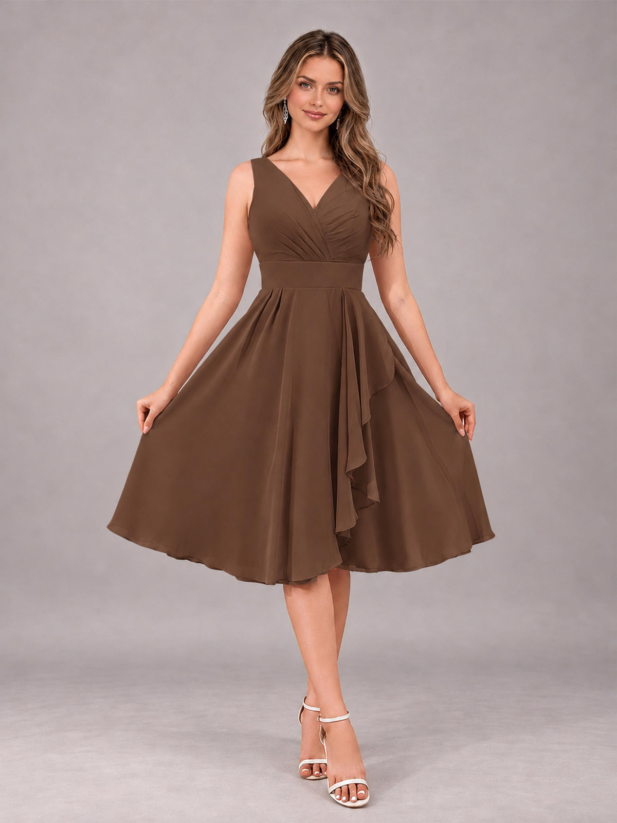 Brown Stylish A-Line V-Neck Knee Length Chiffon Bridesmaid Dress
