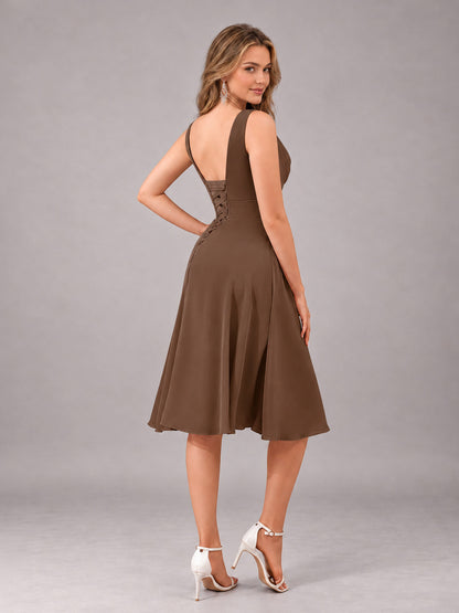 Brown Stylish A-Line V-Neck Knee Length Chiffon Bridesmaid Dress