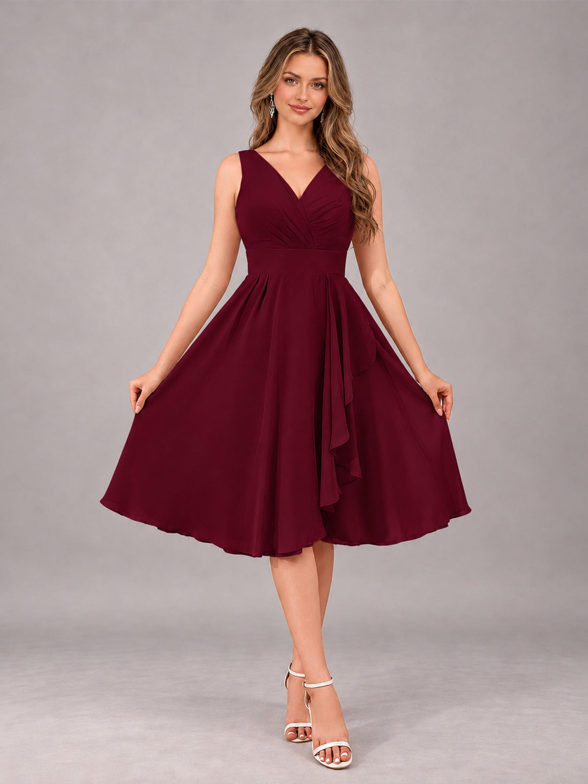 Burgundy Stylish A-Line V-Neck Knee Length Chiffon Bridesmaid Dress