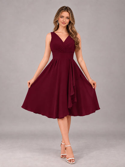 Burgundy Stylish A-Line V-Neck Knee Length Chiffon Bridesmaid Dress