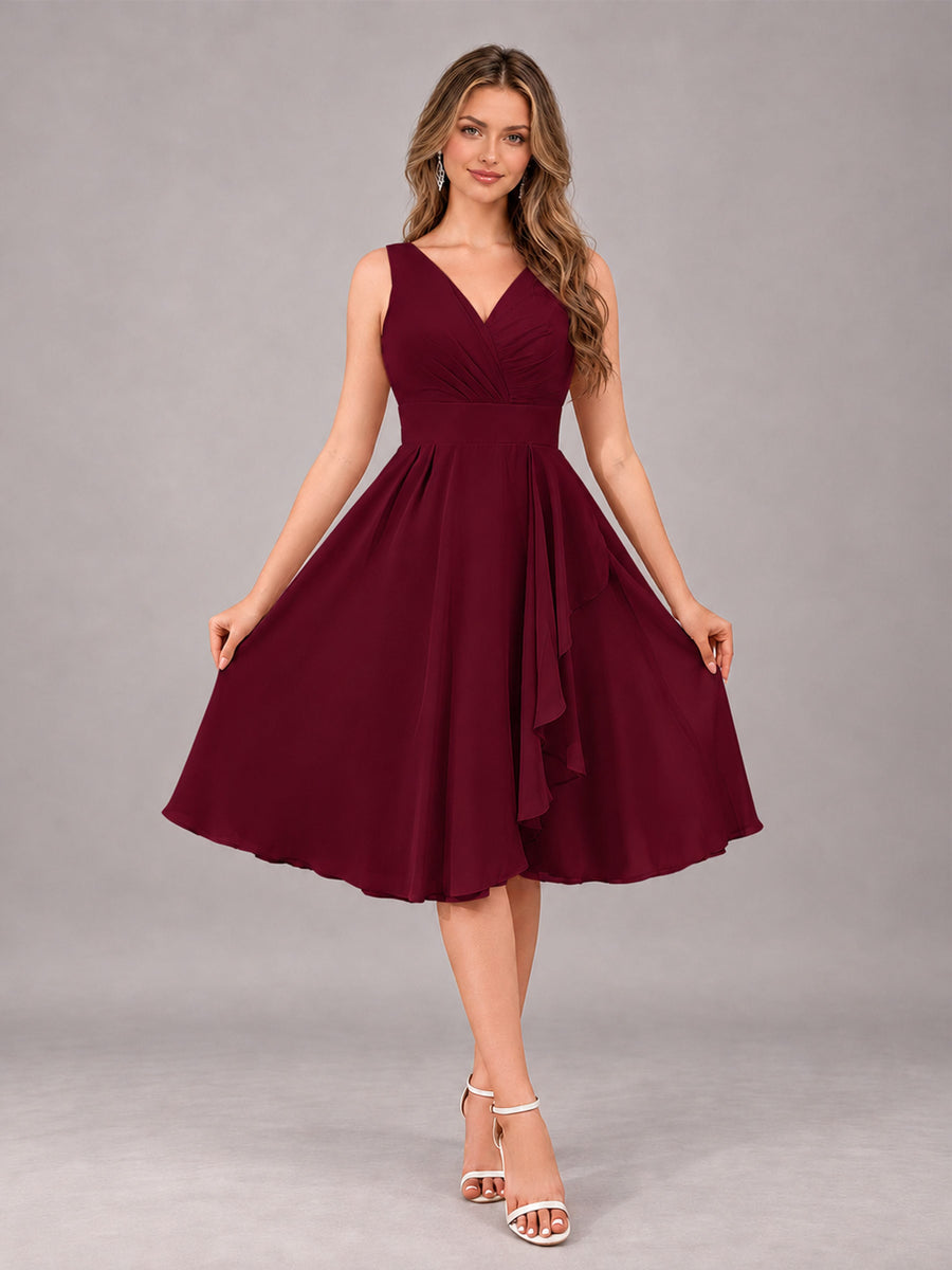 Burgundy Stylish A-Line V-Neck Knee Length Chiffon Bridesmaid Dress