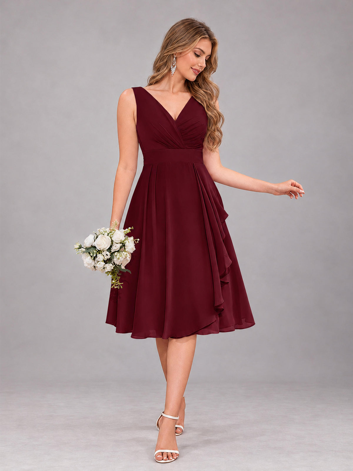 Burgundy Stylish A-Line V-Neck Knee Length Chiffon Bridesmaid Dress