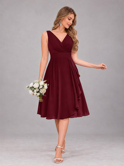 Burgundy Stylish A-Line V-Neck Knee Length Chiffon Bridesmaid Dress
