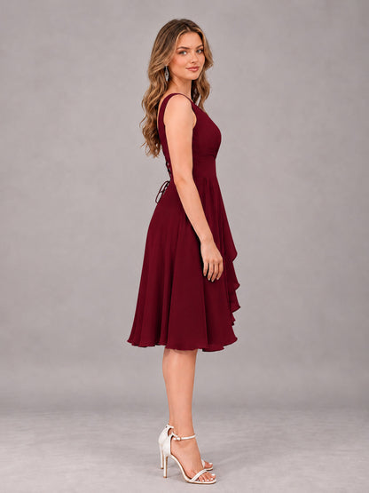 Burgundy Stylish A-Line V-Neck Knee Length Chiffon Bridesmaid Dress