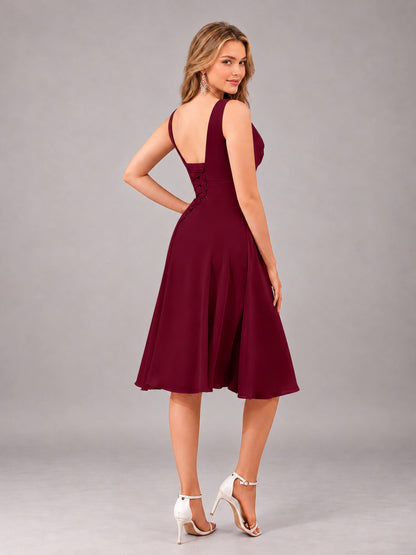 Burgundy Stylish A-Line V-Neck Knee Length Chiffon Bridesmaid Dress
