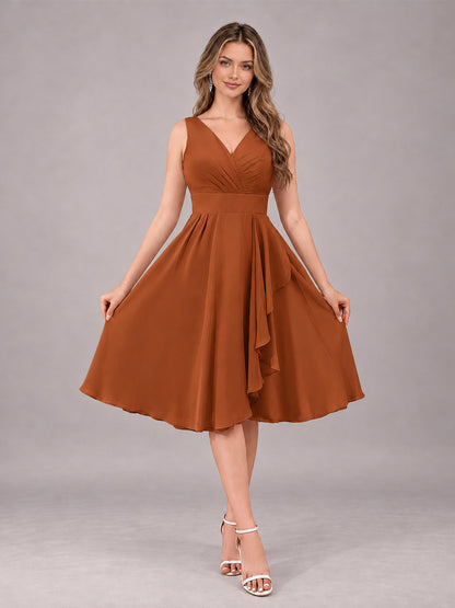 Burnt Orange Stylish A-Line V-Neck Knee Length Chiffon Bridesmaid Dress