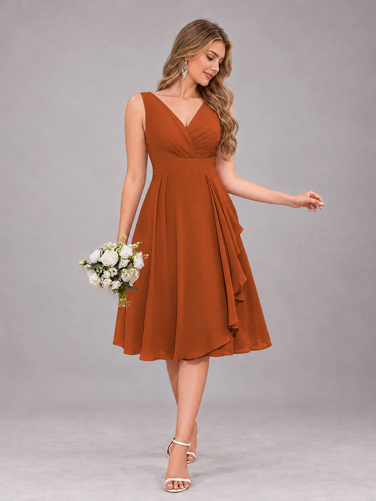 Burnt Orange Stylish A-Line V-Neck Knee Length Chiffon Bridesmaid Dress