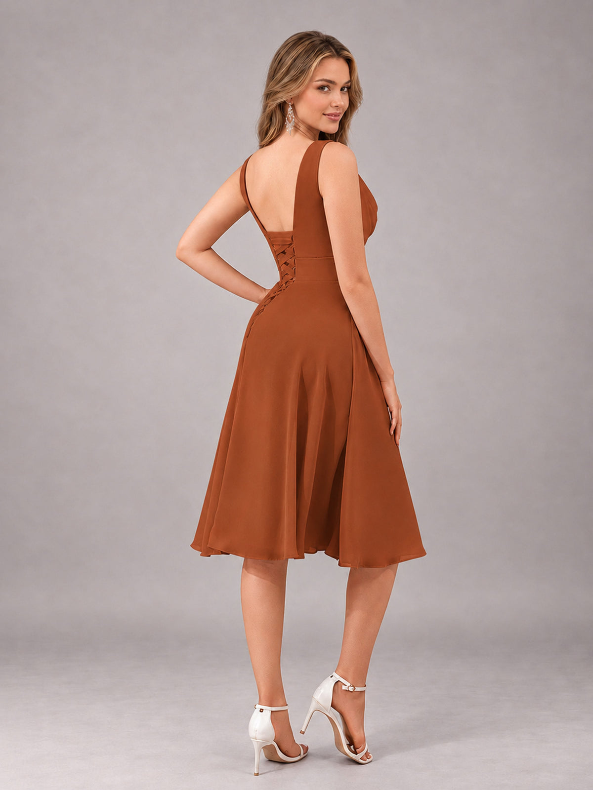 Burnt Orange Stylish A-Line V-Neck Knee Length Chiffon Bridesmaid Dress