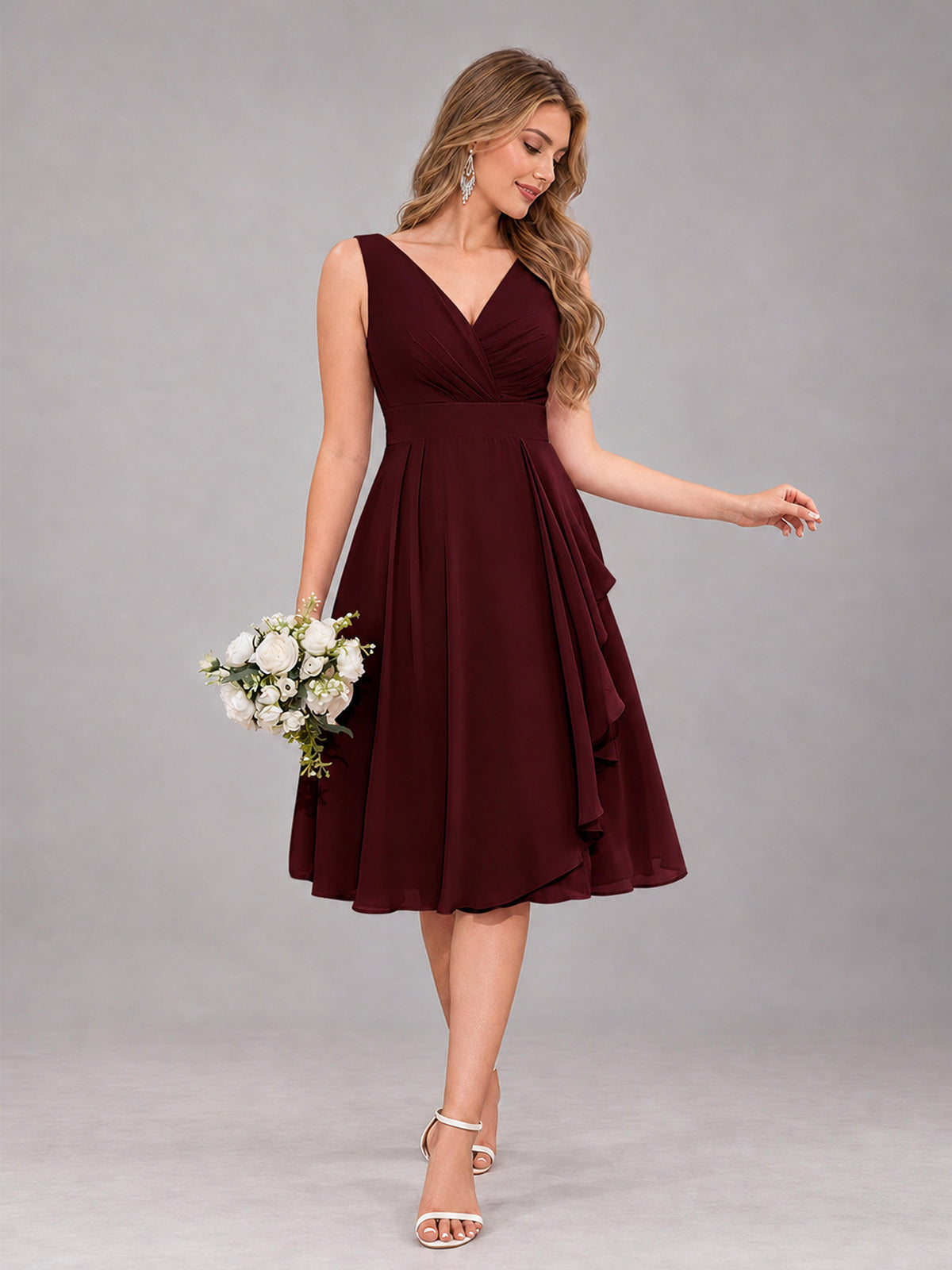 Cabernet Stylish A-Line V-Neck Knee Length Chiffon Bridesmaid Dress
