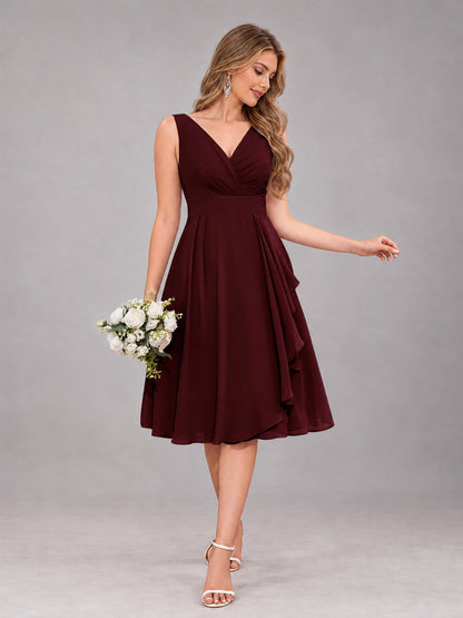 Cabernet Stylish A-Line V-Neck Knee Length Chiffon Bridesmaid Dress