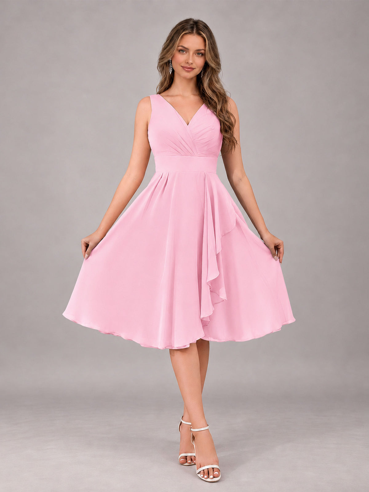 Candy Pink Stylish A-Line V-Neck Knee Length Chiffon Bridesmaid Dress