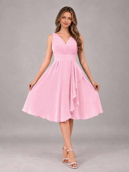 Candy Pink Stylish A-Line V-Neck Knee Length Chiffon Bridesmaid Dress