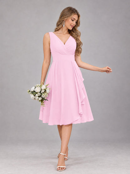 Candy Pink Stylish A-Line V-Neck Knee Length Chiffon Bridesmaid Dress