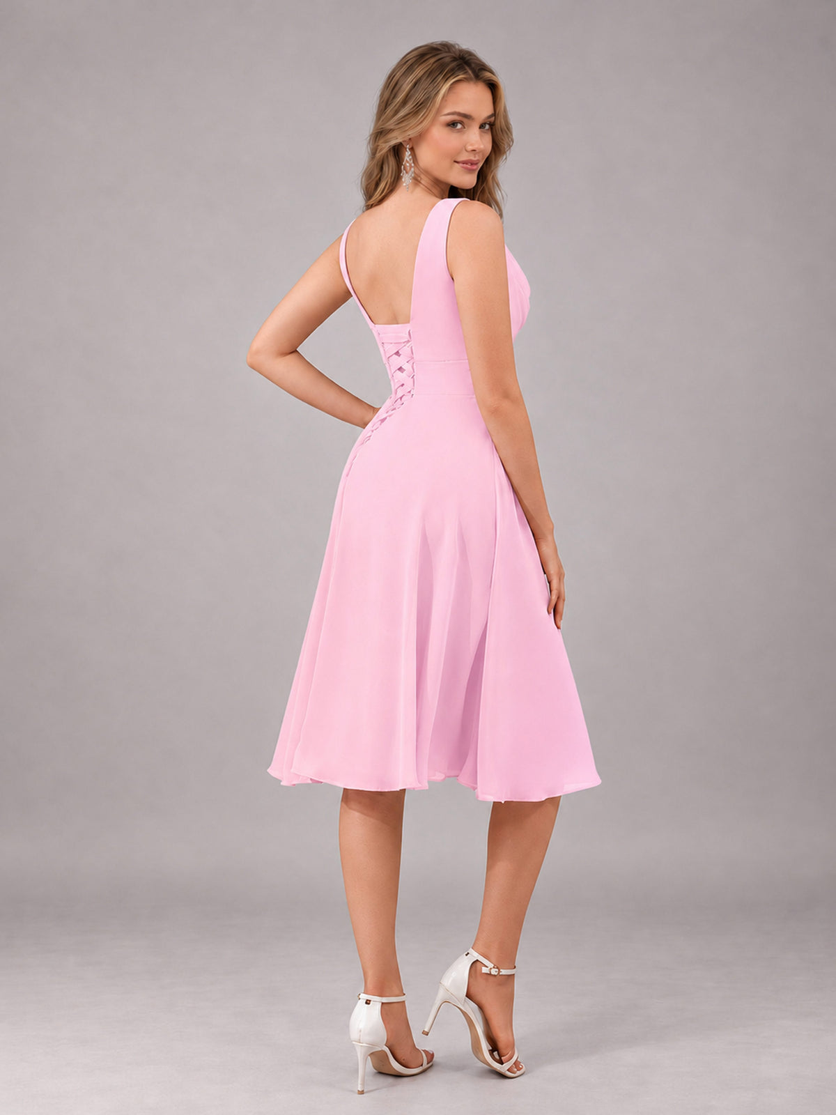 Candy Pink Stylish A-Line V-Neck Knee Length Chiffon Bridesmaid Dress