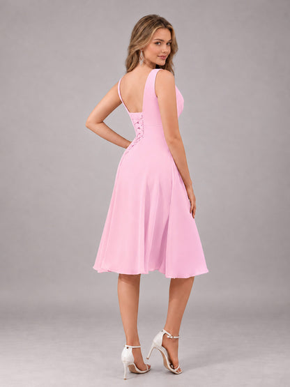 Candy Pink Stylish A-Line V-Neck Knee Length Chiffon Bridesmaid Dress