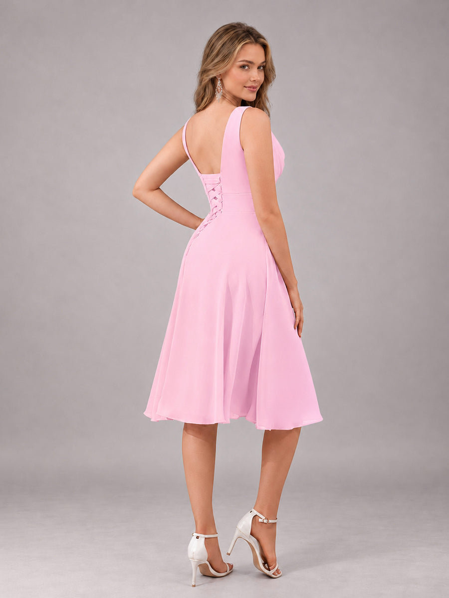 Candy Pink Stylish A-Line V-Neck Knee Length Chiffon Bridesmaid Dress