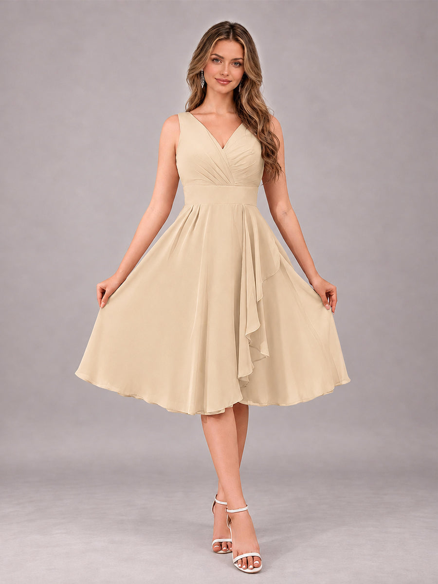 Champagne Stylish A-Line V-Neck Knee Length Chiffon Bridesmaid Dress