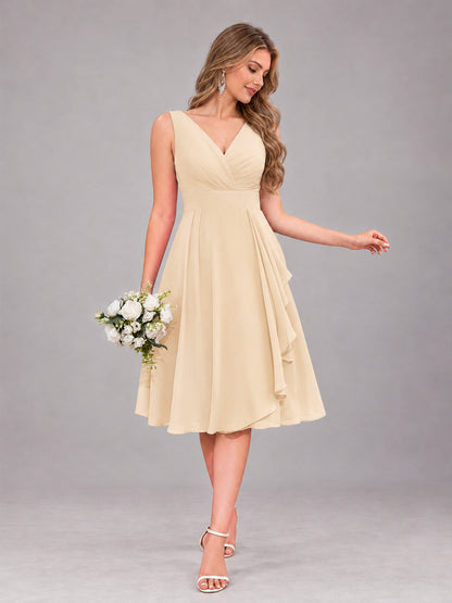 Champagne Stylish A-Line V-Neck Knee Length Chiffon Bridesmaid Dress