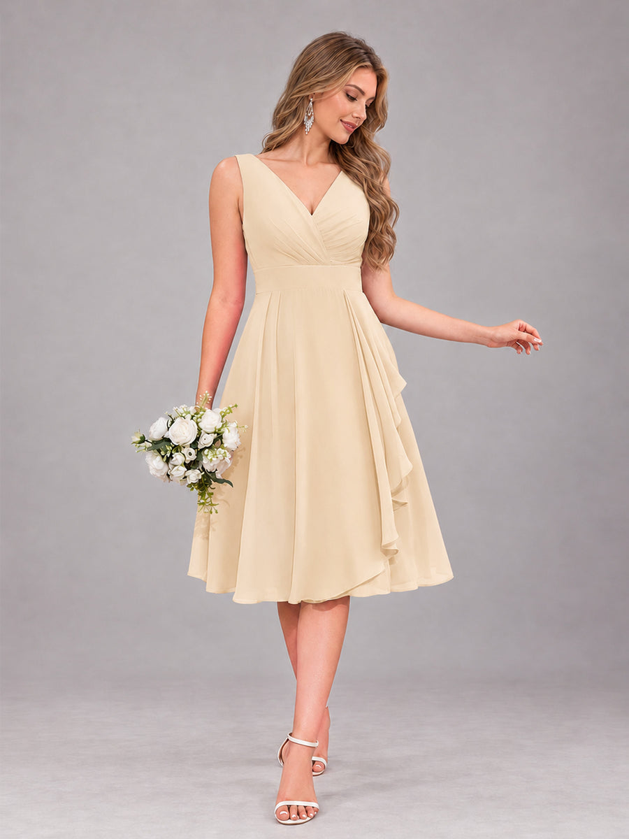 Champagne Stylish A-Line V-Neck Knee Length Chiffon Bridesmaid Dress