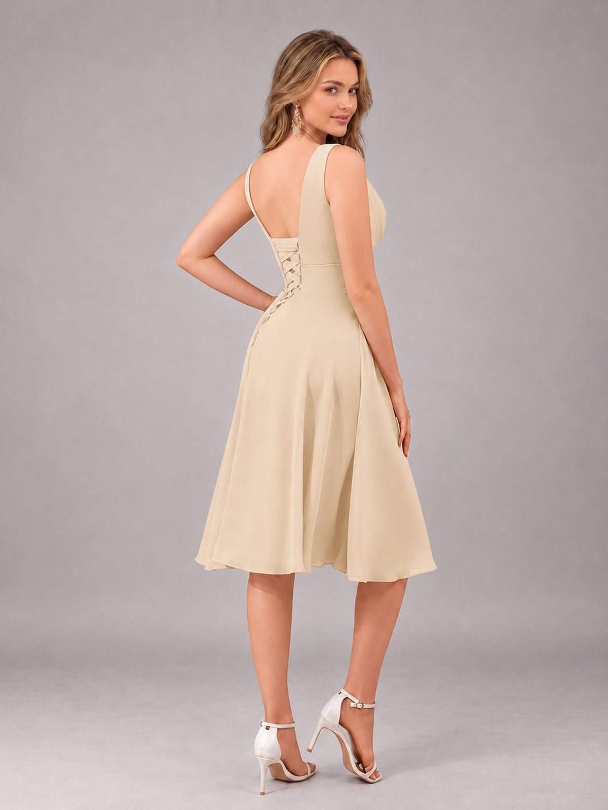 Champagne Stylish A-Line V-Neck Knee Length Chiffon Bridesmaid Dress
