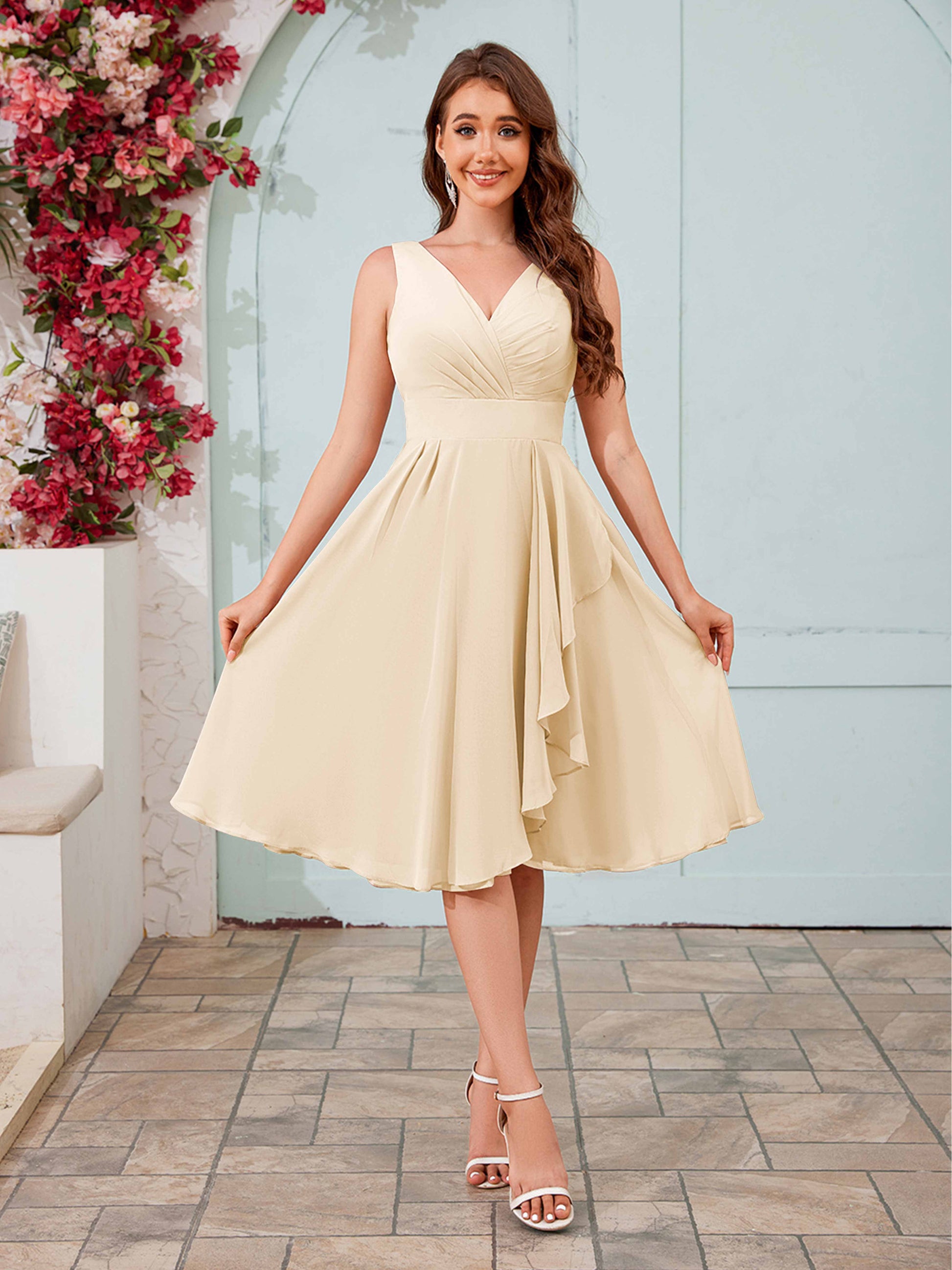knee length champagne bridesmaid dresses V-Back Knee Length Bridesmaid Dresses