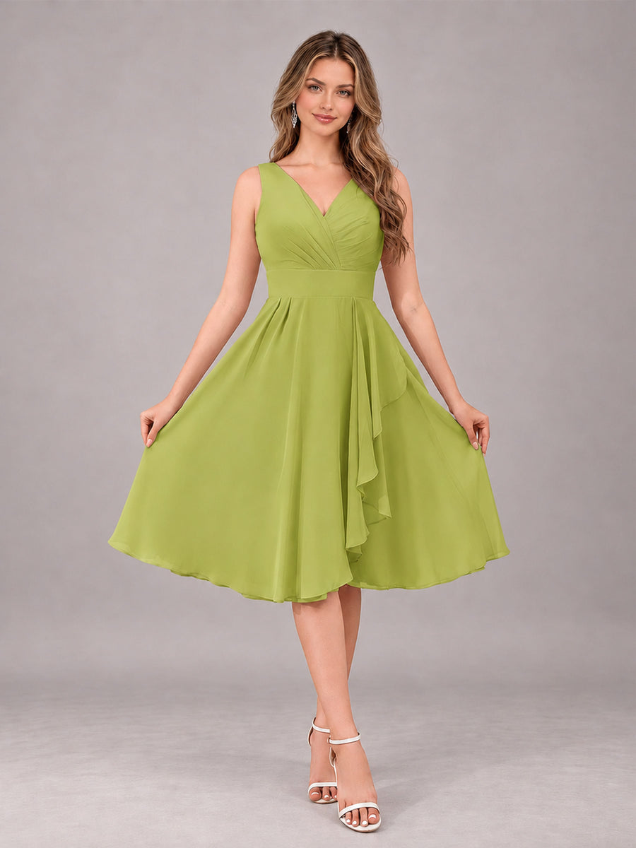 Chartreuse Stylish A-Line V-Neck Knee Length Chiffon Bridesmaid Dress