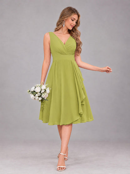 Chartreuse Stylish A-Line V-Neck Knee Length Chiffon Bridesmaid Dress